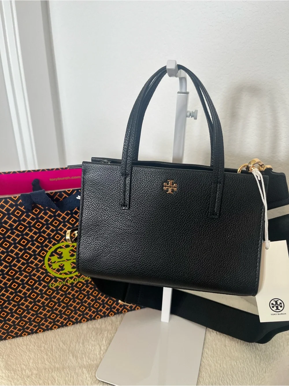 Tory Burch Black Pebbled Leather Mini Satchel with Gold Logo include paper bag